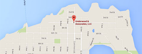 Map showing the location of Underwood and Associates in Anacortes, WA